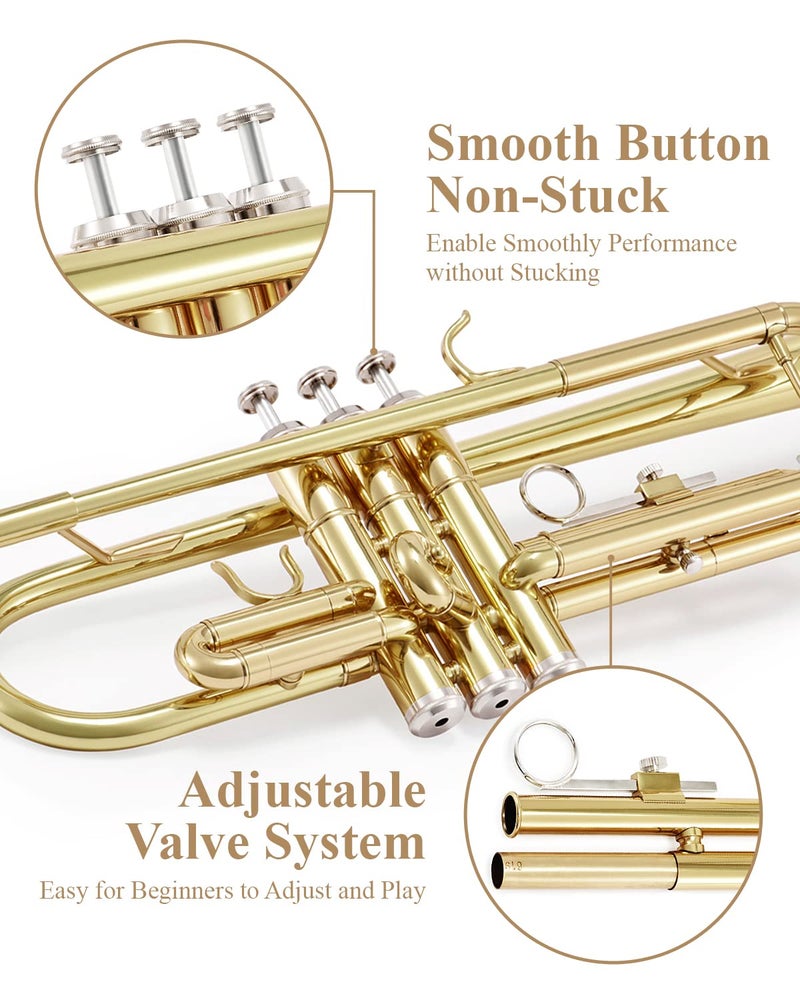 Eastar Bb Standard Trumpet Set for Beginner, Brass Student Trumpet Instrument with Hard Case, Cleaning Kit, 7C Mouthpiece and Gloves, ETR-380, Golden - Image 4